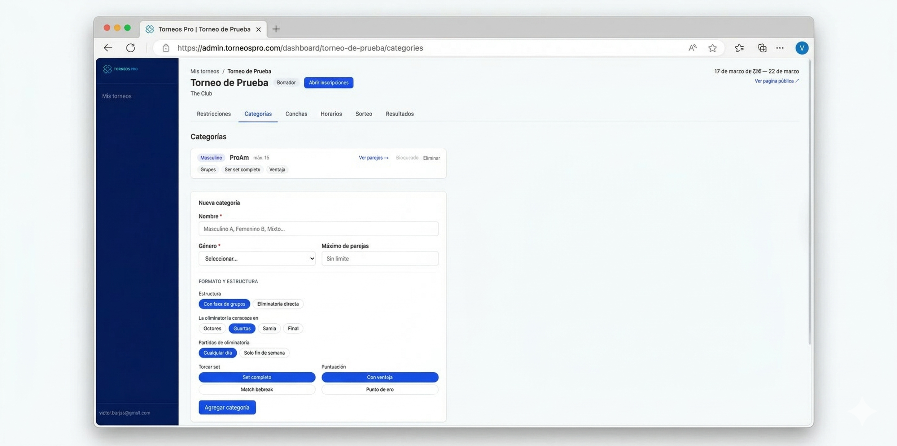 Panel de administración de Torneos Pro